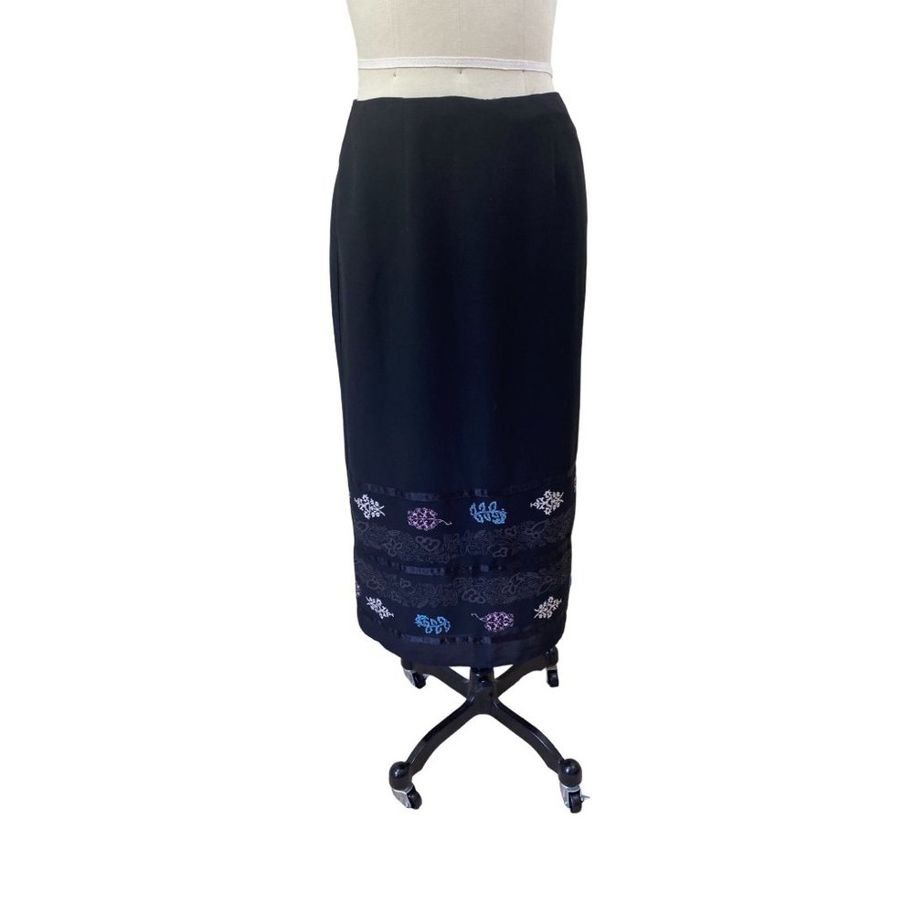 Sag Harbor VTG Y2K Womens Skirt 4P Black Midi Floral Satin Hem Cottage Fairy